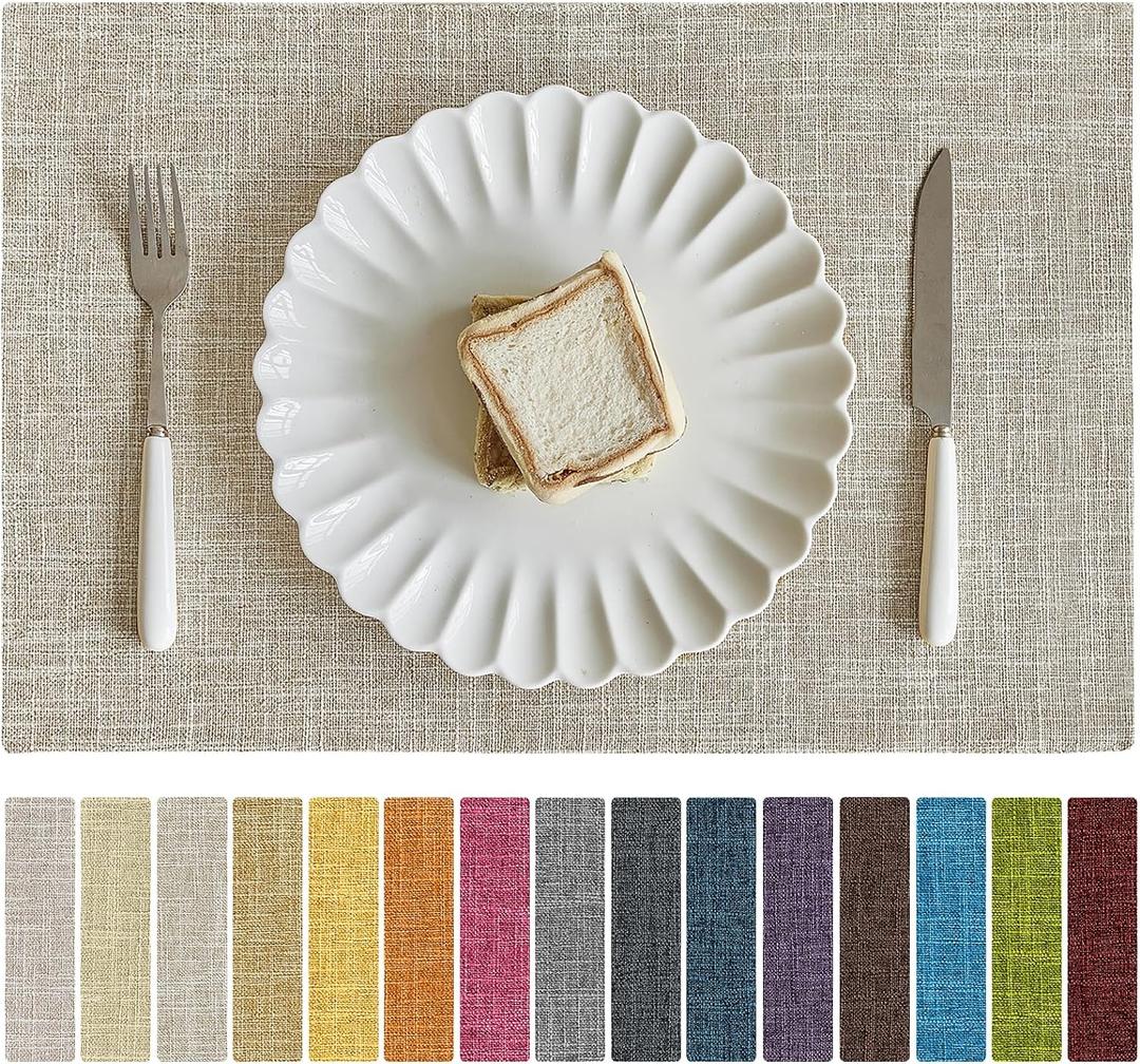 Softalker Faux Linen Placemats Set of 4-12 x 18 Inch, Heat Resistant Double Layered Durable Burlap Farmhouse Place Mats, Non-Slip Washable Rustic Table Mats for Dining, Kitchen, PartyBeige