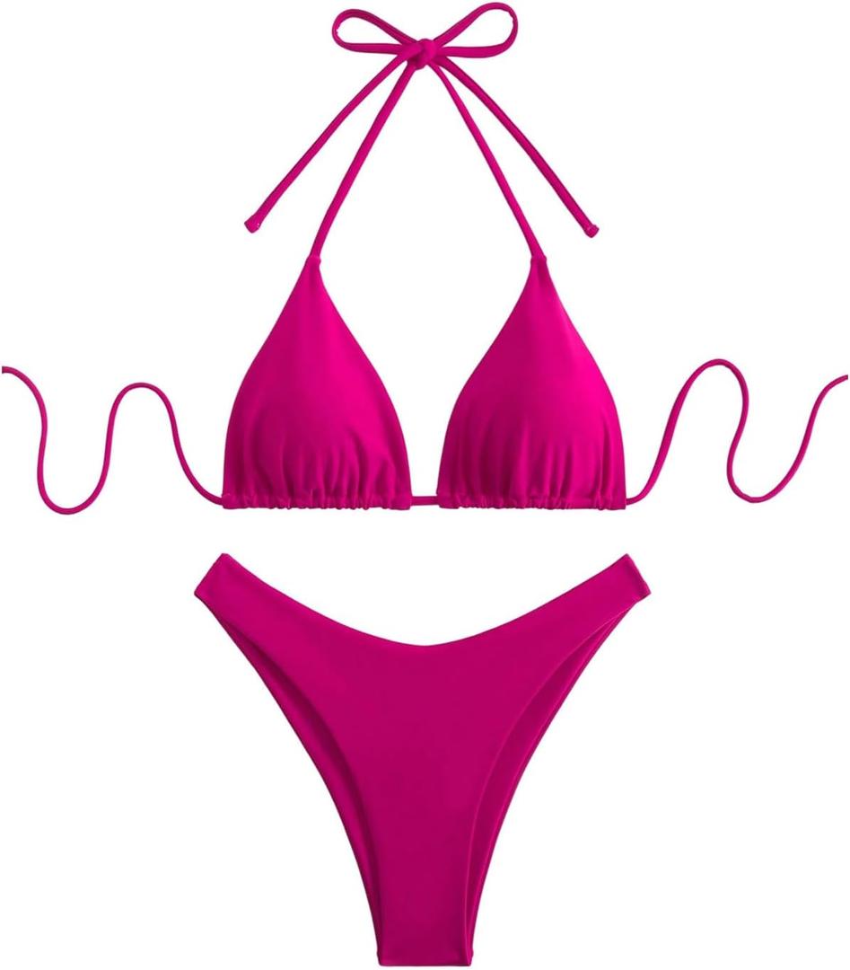 GORGLITTER Women's High Waisted Thong Bikini Set Halter Triangle Tie Back Swimsuit Bathing Suit (Red Violet) S