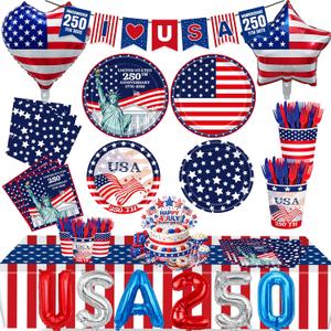 154pcs 4th of July Party Supplies Set for 24 Guests, Patriotic Decorations and Tableware with Paper Plates, Napkins, Cups, Cutlery, Tablecloth, USA Banner, Balloons for Independence Day Memorial Day