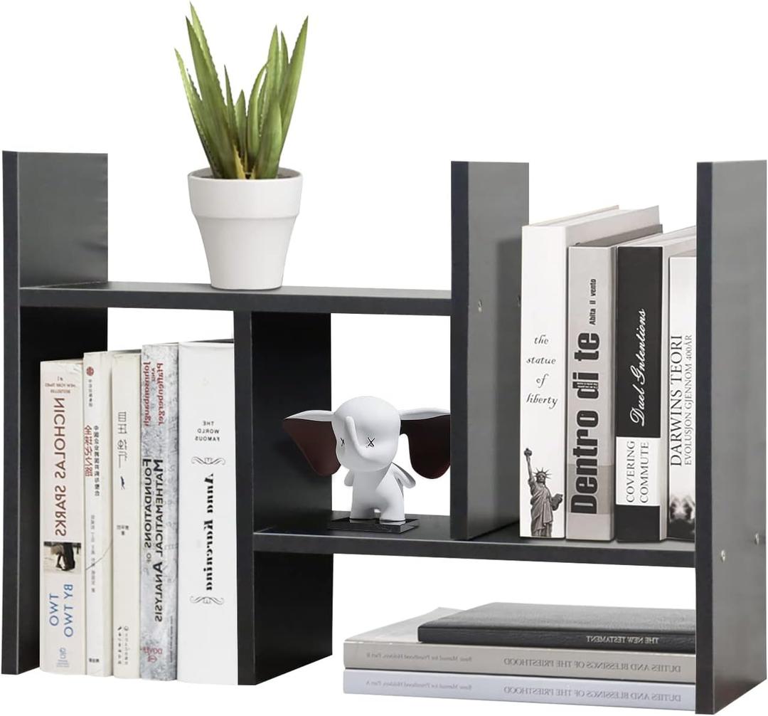 TY ARTS & CULTURE - Expandable Wood Desktop Storage Organizer Multipurpose Desk Bookshelf Display Shelf Rack Counter Top Bookcase for Office Home | Black