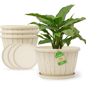 Quarut Plant Planters Pots Set of 4 Pack 16 Inch Large Plastic Flower Pot for Indoor Plants with Drainage Holes & Trays, Whiskey Barrel Planters with Saucer for House Outdoor Garden Plant White Beige