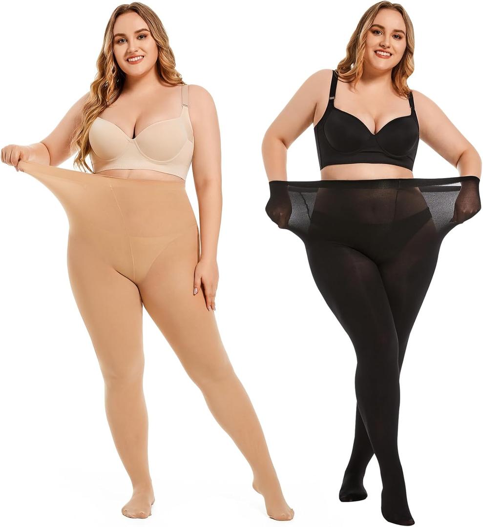 2 x Plus Size Tights for Women 80D Soft Solid Color Opaque Pantyhose High Waist Control Top Stockings 2 Pairs (XXXL)
