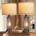 QiMH Farmhouse Table Lamps for Living Room, Rustic Beside Lamps for Bedroom with USB A+C Charging Ports, Nightstand Lamp with Frosted Glass Night Light for Home Decor, 4 Bulbs Included (Bronze) (Bronze-Style 1)