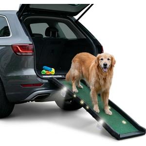 Dog Ramp for Car & SUV with Poly Grass Non-Slip Surface Lightweight & Foldable Pet Ramp for Dogs, Includes 4 Towels & 2 LED Lights, Safe for Cars, Trucks, Beds, Couches & Stairs