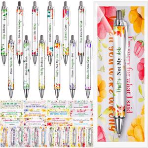 12 Set Christmas Funny Sarcastic Ballpoint Pens Bulk Gifts with 12 Sarcastic Flower Sayings Pens and 12 Cards 12 Opp Bags for Lab Week Gifts Teacher Office Supplies for Women Men Black Ink