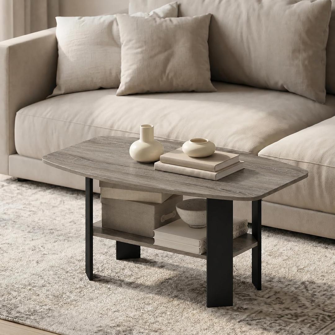 Furinno Simple Design 2-Tier Coffee Table, Grey Oak, 2-Tier Open Shelf