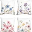 Spring Summer Watercolor Blue Floral Throw Pillow Covers 18x18 Inch Set of 4 Purple Garden Flowers Farmhouse Cushion Covers Home Decor for Couch Cushion Cases