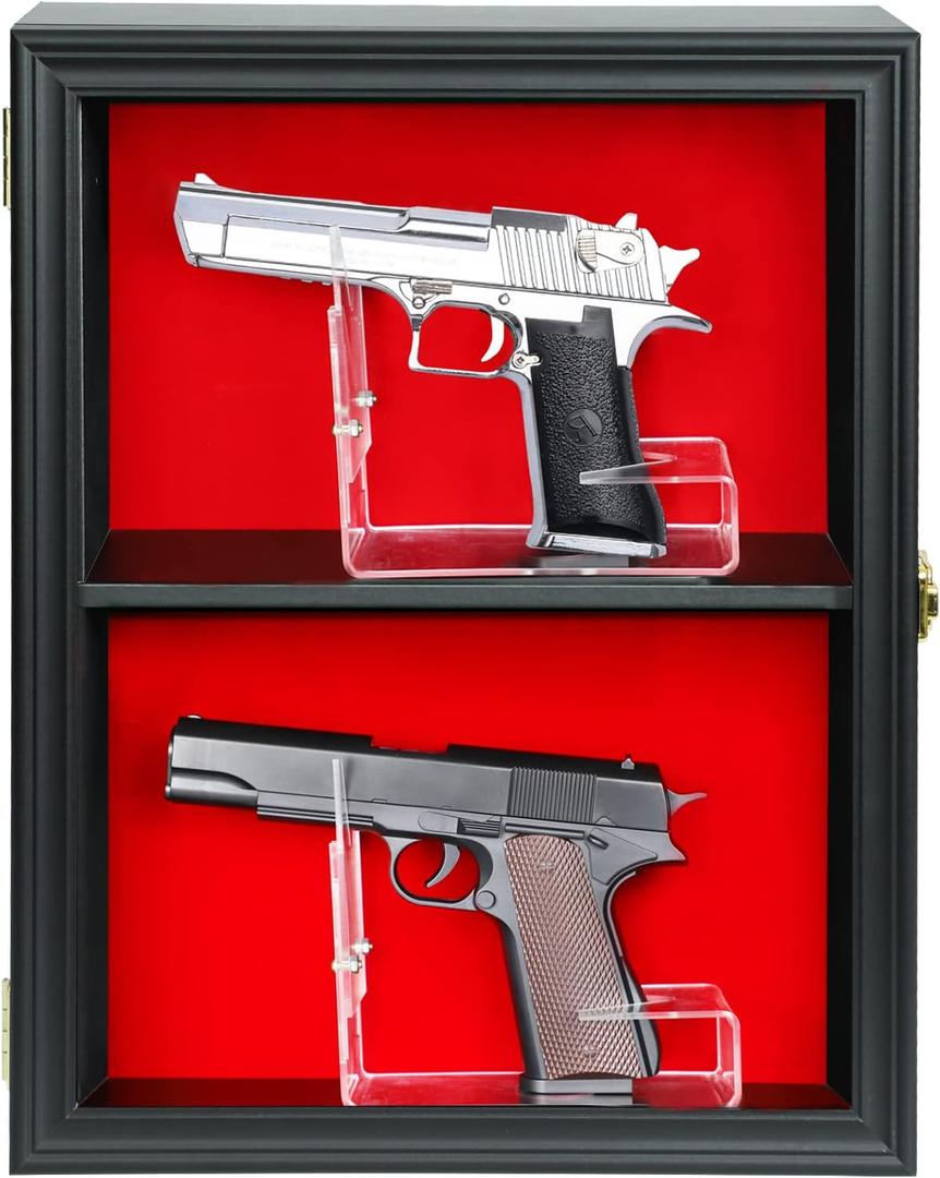 HOROW 2 Handgun Pistol Revolver Gun Display Case Wall Mount Lockable Black Felt Wood Cabinet w/ 98% UV Protection Acrylic Clear Door Gun Shadow Box Stand Rack Holder