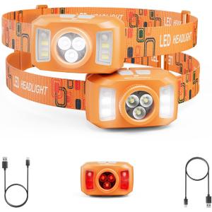 Upgraded Headlamp Rechargeable, Ultra Bright Headlight Flashlight with White Red Light, Motion Sensor Head Lights for Forehead, 6 Modes Head Lamp for Outdoor Camping Running Waterproof (2, Orange)