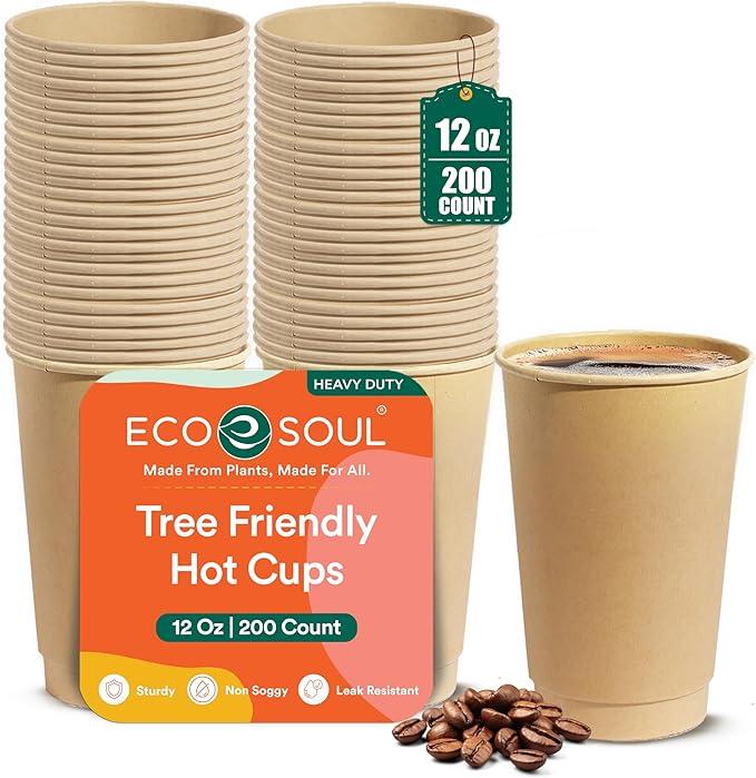 ECO SOUL 12 Oz Compostable Ripple Paper Cups (200 Pack) – Biodegradable Paper Cups, Non-Toxic Disposable Cups For Hot Drinks, To-Go Coffee Cups, Eco-Friendly