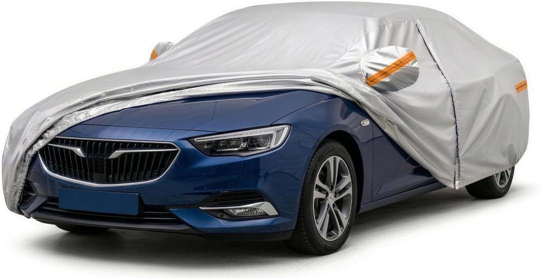 Mid-Size Sedan Car Covers for Automobiles All Weather Waterproof, 6 Layers Heavy Duty Car Tarp Universal Fit for Buick Regal, Cadillac CT4, Mazda 6, Chevy Malibu, Ford Fusion, Kia K5 Optima
