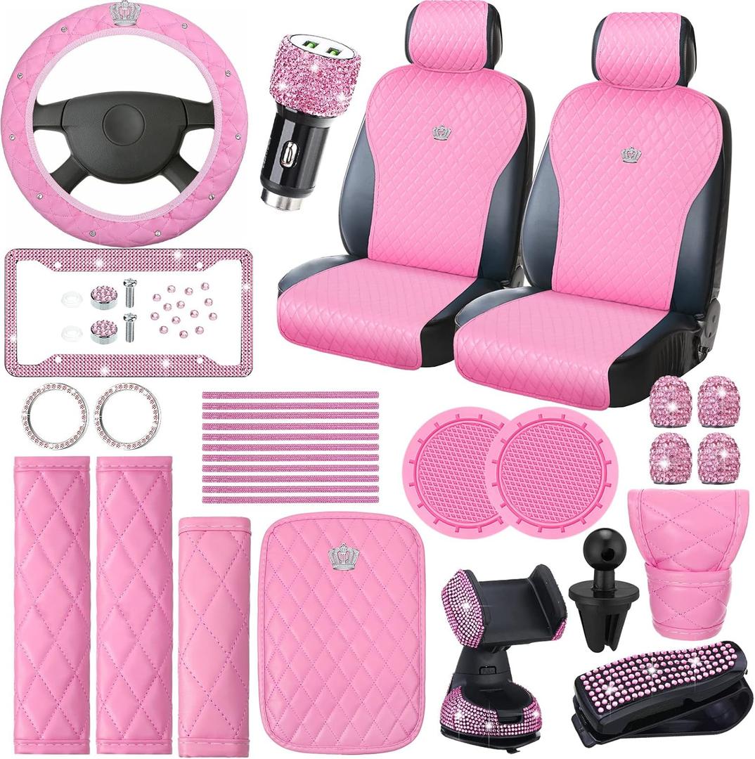 Pink Car Accessories Set Front Car Seat Covers Set Steering Wheel Center Console Handbrake Seat Belt Cover Bling Car Phone Glasses Holder Adapter Car License Frames for Women, 33 Pcs