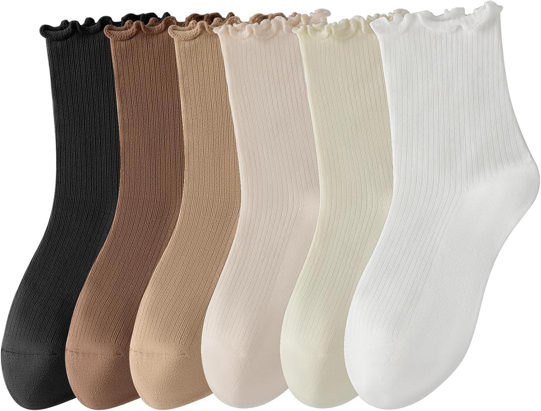 Rueesh 6 Pairs Breathable Women Warm Ruffle Ankle Socks Winter Cozy Knit Cotton Crew Socks Soft Thermal Frilly Calf Socks (White)