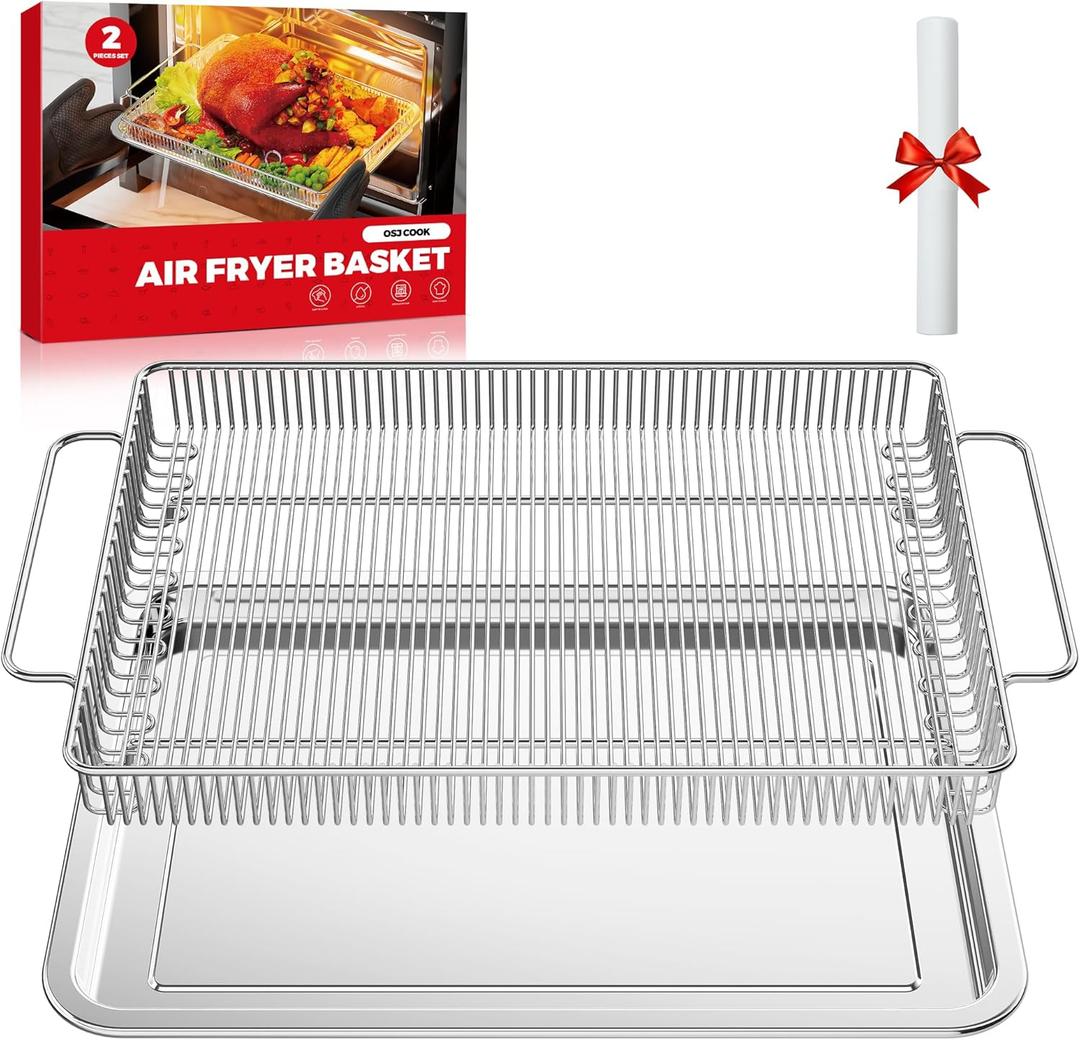 Air Fryer Basket for Oven, Air Fryer Basket and Stainless Steel Baking Tray Pant Oven Air Fryer Pan Rack for Cooking Baking Dishwasher and Broiling (15.9 in * 9.8 in &14.9 in * 11 in)