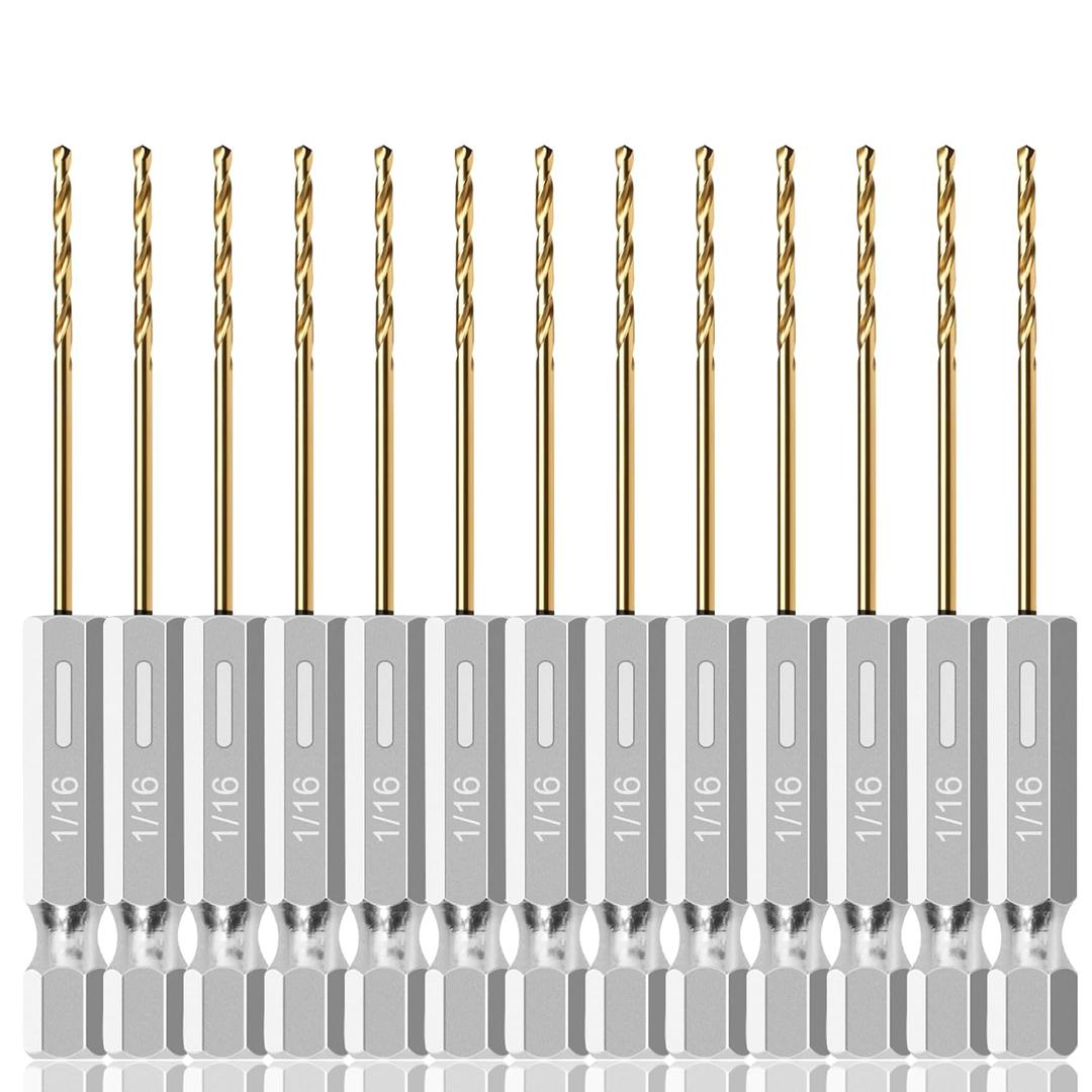 13PC 1/16" Titanium Coated Twist Hex Shank Drill Bit Set, 135 Degree Tip HSS Drill Bit Sets, Impact Driver Drill Bits for Wood, Steel, Metal, Plastic with Quick Change Design