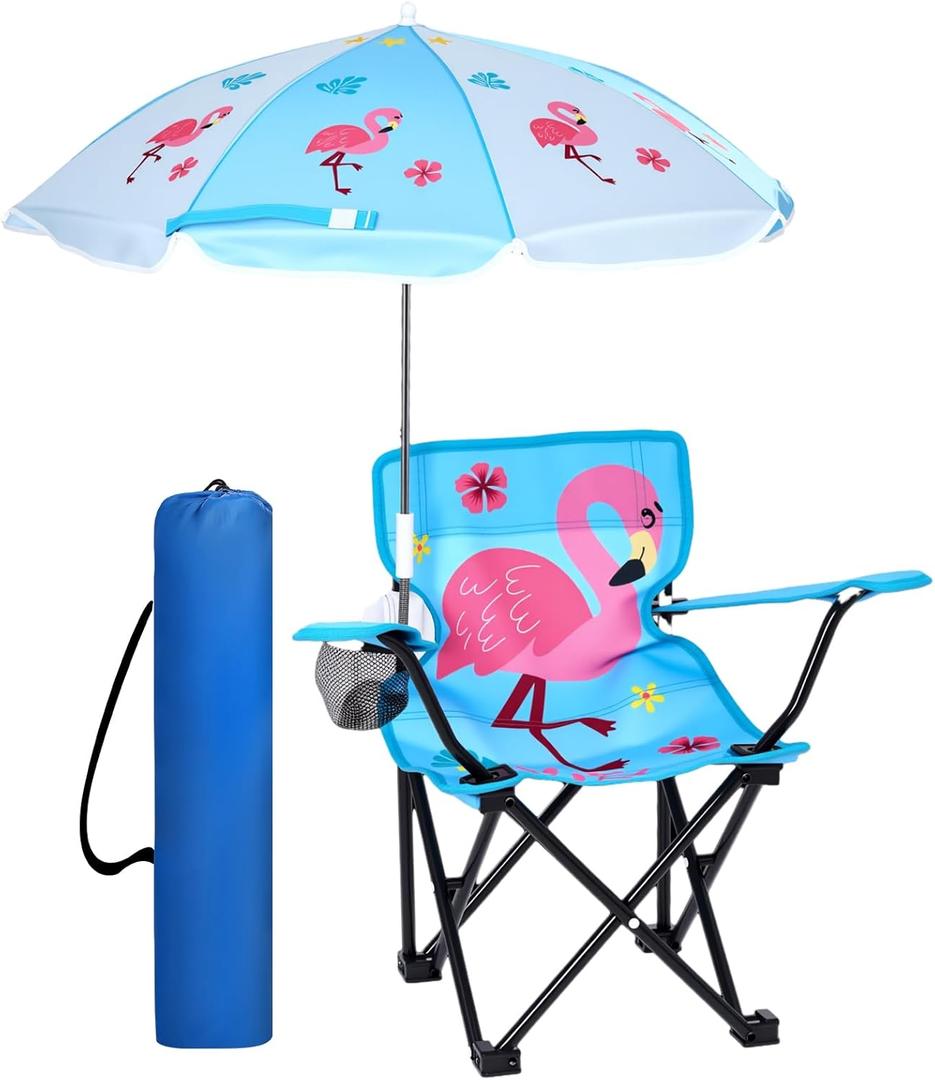 Outdoor Toddler Camping Chair with Umbrella Foldable Beach Chairs with Safety Lock for Kids Waterproof Lawn Kids Folding Chair for Outside Beach Travel(Flamingo)