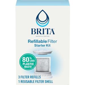 Brita Refillable Water Filtration Starter Kit with 1 Reusable Filter Shell and 3 Filter Refills
