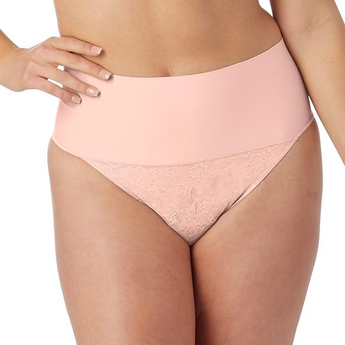 Maidenform womens Tame Your Tummy Shaping Lace Thong With Cool Comfort Waist Shapewear, Pink Pirouette Lace, Medium US