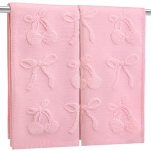 2 Pcs Pink Cherry Bow Hand Towels for Bathroom Cute Pink 100% Cotton Absorbent Decorative Jacquard Weave Bath Towels Coquette Bathroom Kitchen Decor, 13. 7 x 29. 5 Inch