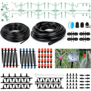 Bonviee 169FT Drip Irrigation System, Garden Watering System with 1/2"& 1/4" Tubing, Adjustable Drip Emitters and Barbed Fittings, Automatic Drip Irrigation Kit for Raised Garden, Greenhouse, Lawn