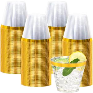 100 Pcs Gold Plastic Cups,9Oz Gold Rimmed Plastic Cups,Heavy Duty Gold Rim Clear Disposable Plasitc Cocktail Tumblers Cup for Party,Wedding,Birthday,Christmas