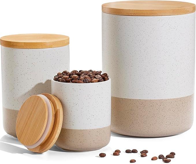 Yangbaga Canisters Sets for Kitchen CountertopSet of 3 Ceramic Kitchen Canisters Food Storage Jar with Airtight Wood Lids & Spoons & Label,Large Flour and Sugar Containers for Serving Ground Coffee
