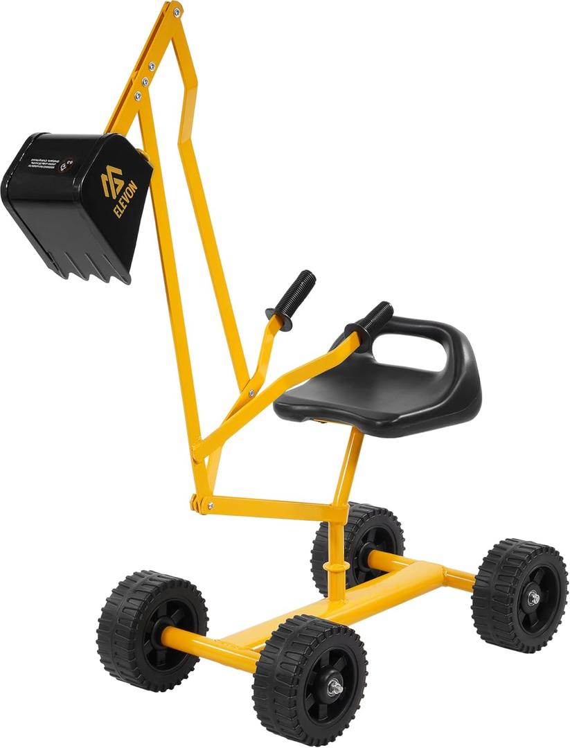 Sand Digger Kids Rolling Excavator Ride On Toy, Beach Toys Outdoor Sandbox Toy Digger, Steel Excavator Crane Rotates 360 with 4 Wheels, Sand Toys Backyard Sandbox, Dirt and Snow - Yellow