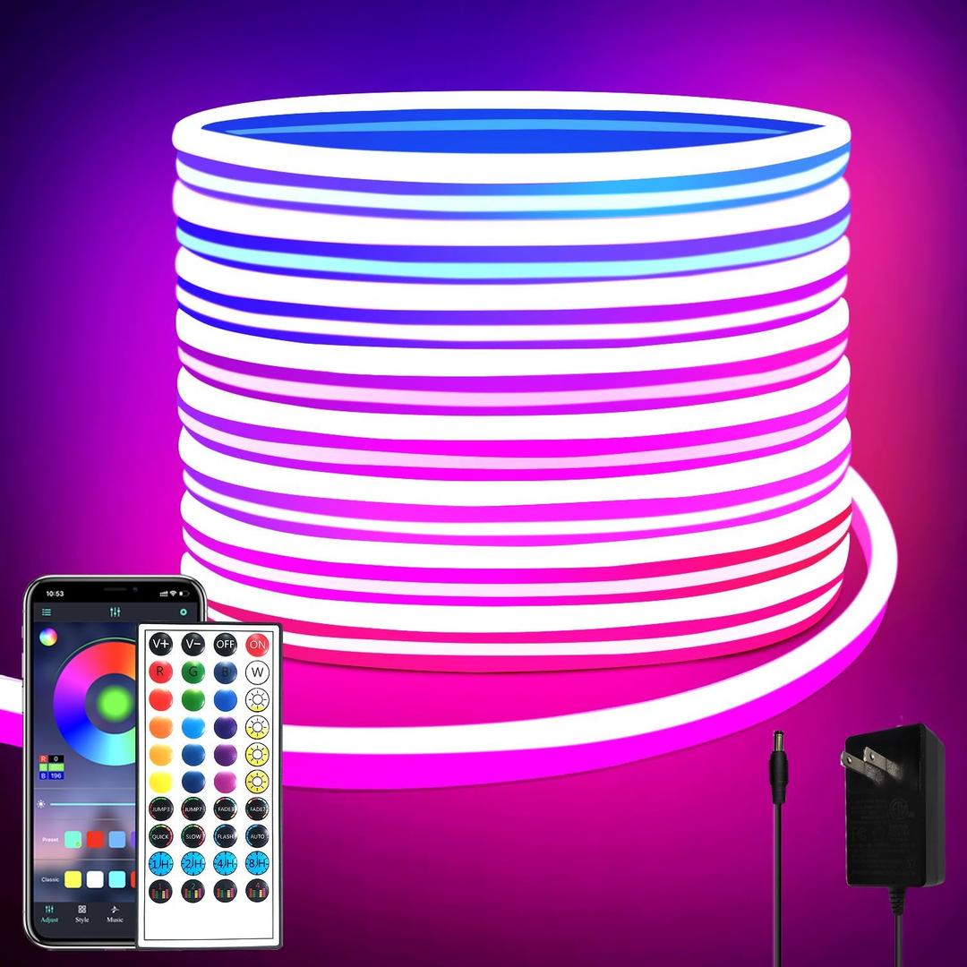 32.8ft LED neon Lights with Remote APP Control IP65 Waterproof Flexible Neon Strip Lights 24V RGB Rope Lights for Bedroom Room Outdoors Dcor