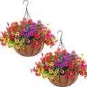 Hananona 2 Set Artificial Outdoor Flowers with Hanging Basket, 2 Hanging Planters with 24 Pcs Flowers for Spring Summer Front Porch Garden Patio Home Decor (2, Red, Purple, Yellow, Rose Red)