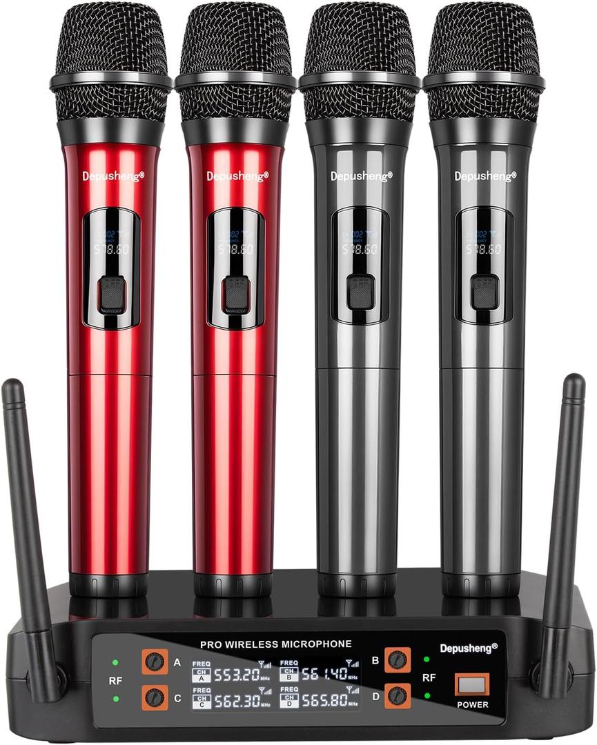 Depusheng Wireless Microphone, Professional 4 Channels Karaoke Handheld System for Home Karaoke, Meeting, Party, Church, DJ, Wedding, Home KTV Set