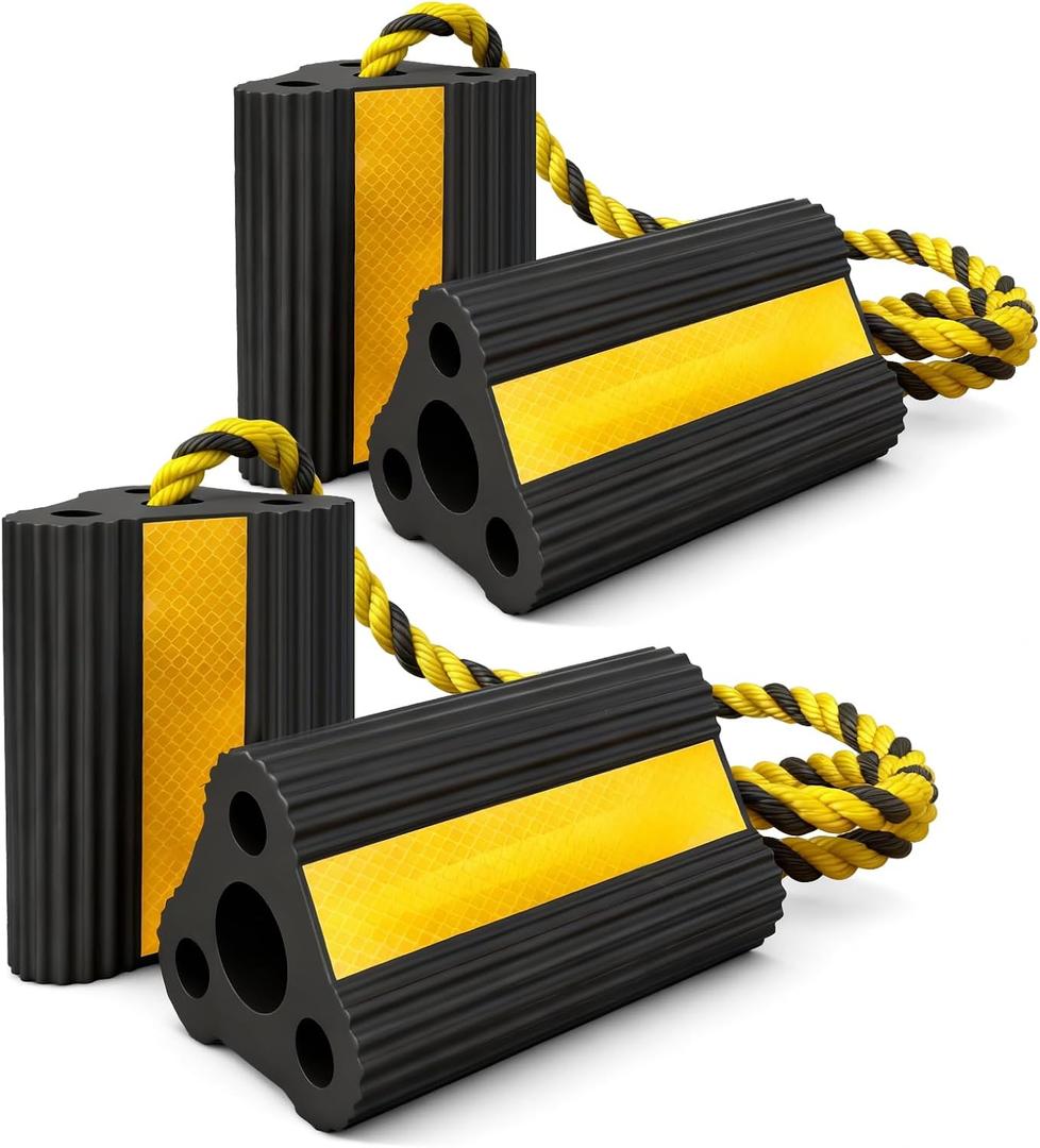 Wheel Chocks for RV Trailer Camper Truck Car, Versatile Heavy Duty Rubber Wheel Immobilizers & Chocks, Wheel Chocks Block with Rope and Reflective Strips [2 Pair 4 Pack]