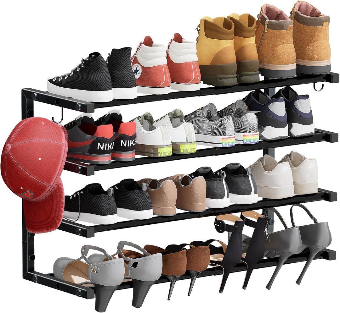 Wall Mounted Shoe Rack, 4 Tier Hanging Shoe Rack Holds 16 Pairs, 17"-30" Adjustable Heavy Duty Wall Shoe Shelf with 2 Storage Hooks, Space Saving for Closet Entryway, Black