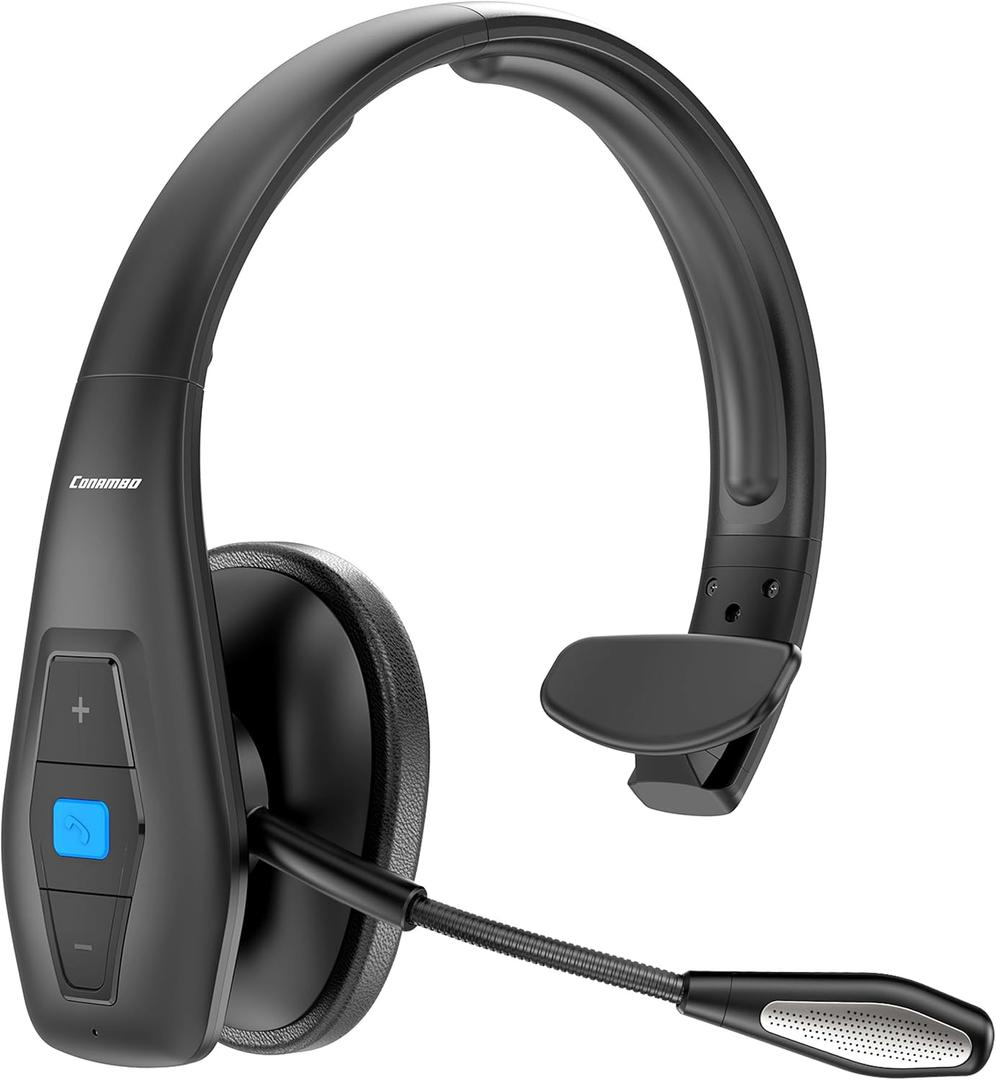 Conambo Bluetooth Headset V5.1, Trucker Bluetooth Headset with CVC8.0 Dual Mic Noise Canceling & Mute Button & 60 Hrs Workingtime Wireless On-Ear Headphones for Trucker Home Office Work Cell Phones