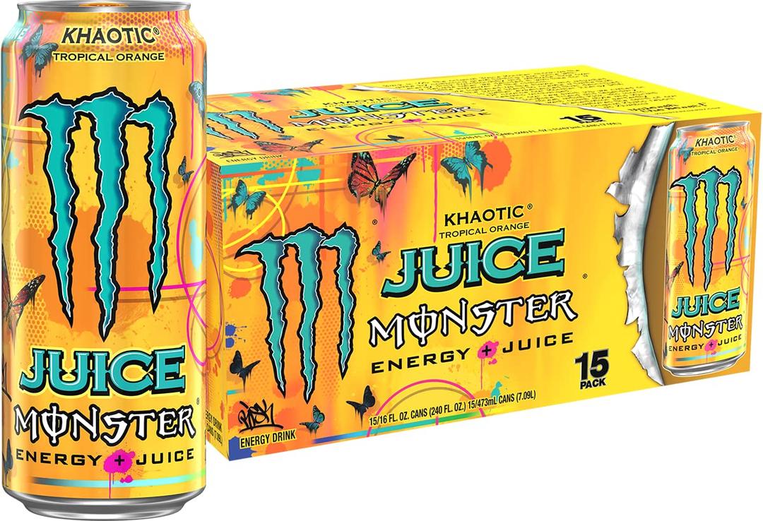 Monster Energy Juice Monster Khaotic Tropical Orange, Energy + Juice, Energy Drink, 16 Ounce (Pack of 15), No Best Before Date Marked