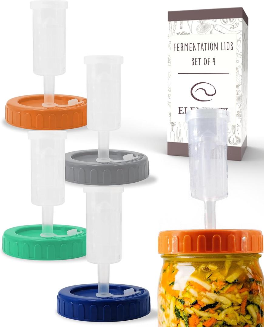 Elementi Mason Jar Fermentation Lids - Easy to Use Fermenting Lids for Wide Mouth Mason Jars - Make Delicious Sauerkraut & Kimchi, Airlocks Fermentation Kit, Burping Air Lock Fermenters - Set of 4 (Multicolor)