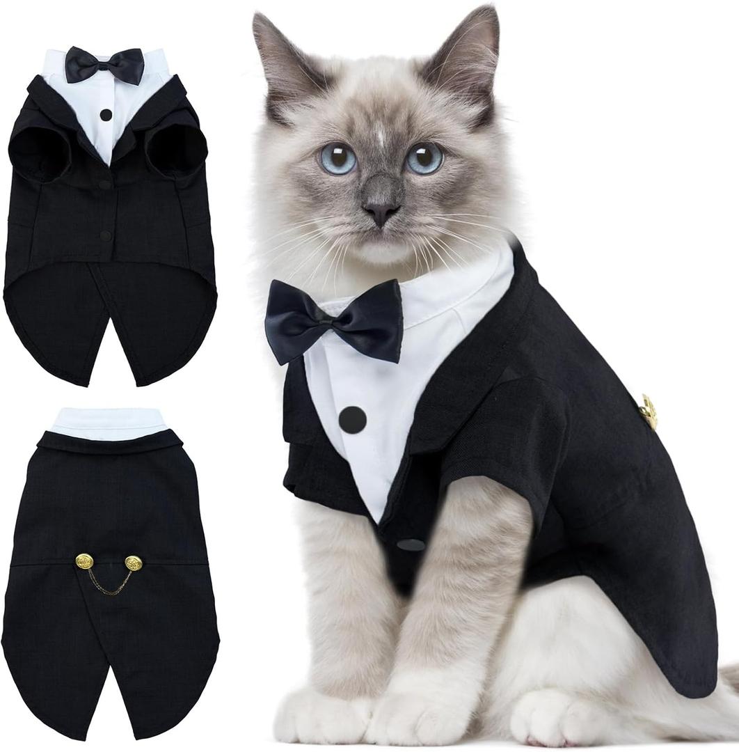 DENTRUN Cat Tuxedo Outfit, Sphynx Cat Costume Formal Suit with Bow Tie, Stylish Cat Shirt Fashion Apparel Fancy Clothes, Kitten Formal Attire Wedding Onesie Costume for Cats Only (Large, Black)