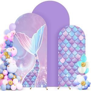 Set of 3 Mermaid Arch Backdrop Cover 8ft, 7.2ft, 6.6ft, Spandex Fitted Wedding Arch Covers for Wedding Birthday Party Decor (Fish, Sweet Colors)