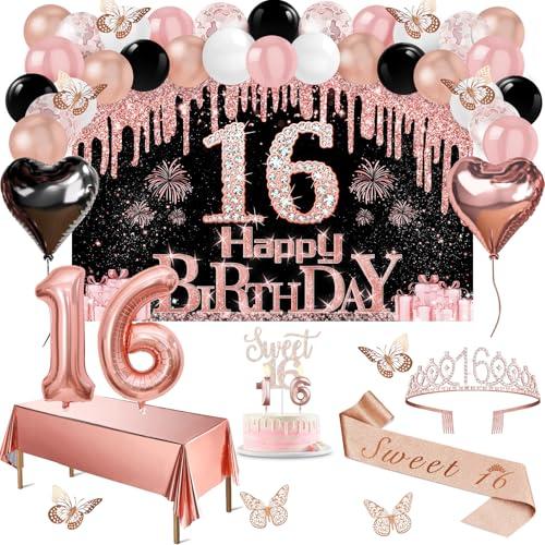 Sweet 16 Party Decorations, 49pcs Black Rose Gold Black Banner, Tablecloth, Butterfly Decor, Sweet 16 Sash and Tiara, Cake Topper, Candles, Balloons Arch