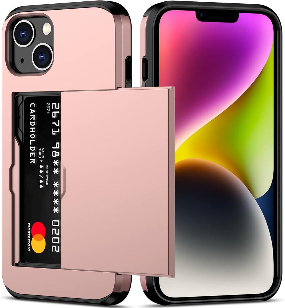Nvollnoe for iPhone 14 Plus Case with Card Holder Heavy Duty Protective Dual Layer Shockproof Hidden Card Slot Slim Wallet Cover for iPhone 14 Plus for Women&Men(Rose Gold)