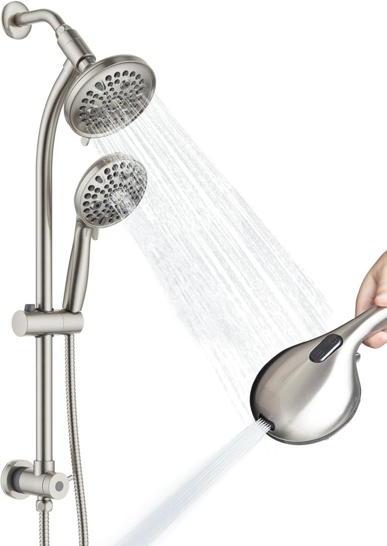 High Pressure Handheld/Rain 82-mode 3-way Shower Head Combo with 25.75" Adjustable Drill-free Stainless Steel Slide Bar, Pet & Tub Power Wash and Anti-clog Nozzles, with 5ft Hose - Brush Nickel