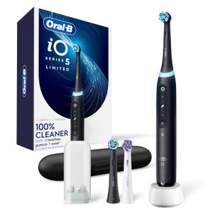 Oral-B iO Deep Clean + Whiten Rechargeable Electric Toothbrush with Visible Pressure Sensor, 2 Minute Timer, 5 Cleaning Settings, 1 iO5 Limited, 3 Toothbrush Heads, Travel Case & Refill Holder, Black