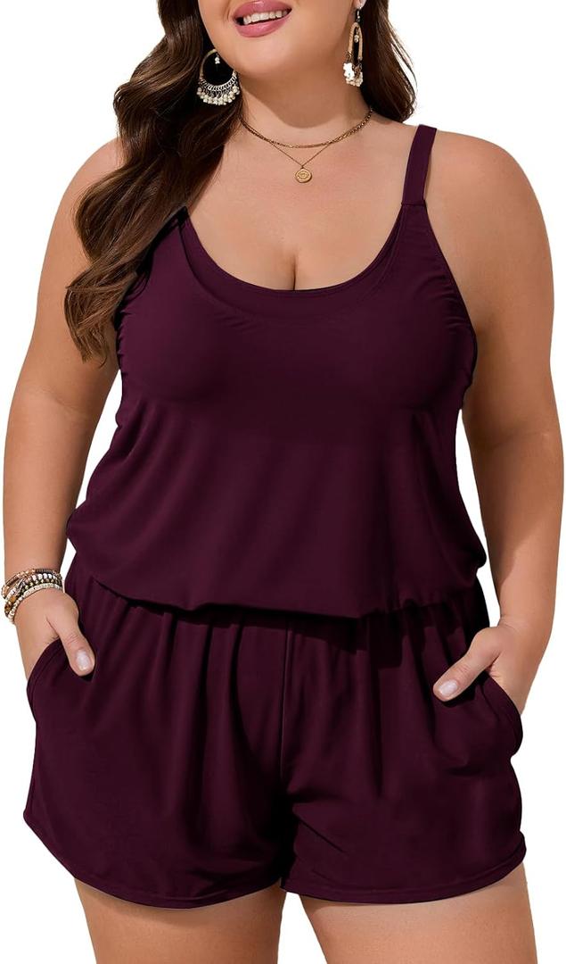 Summer Mae Plus Size Swim Romper Women One Piece Swimsuit Blouson Bathing Suit with Pockets 2026 Modest Swimwear (12, Purplish Red)