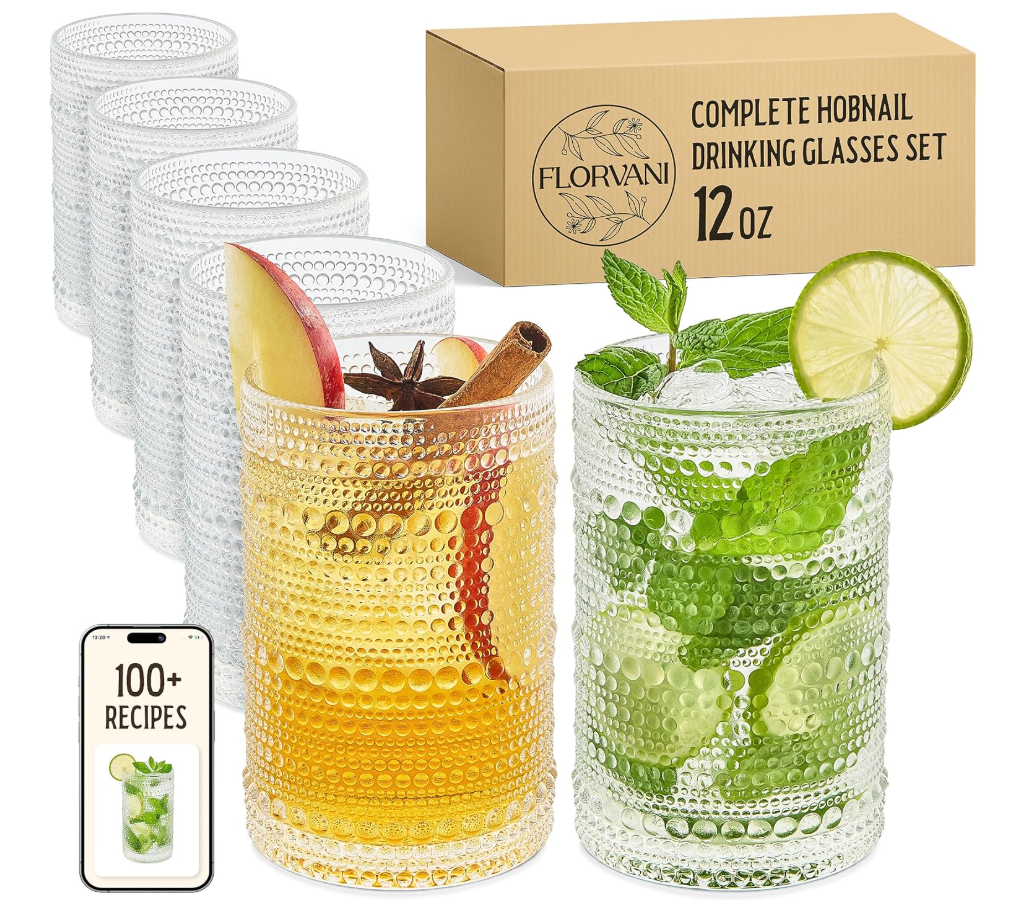 Florvani 16 Oz Hobnail Drinking Glasses Set of 6  Clear Multipurpose Glassware Sets, Decorative & Stylish Glasses Drinking Set W/Straws for Bar, Kitchen, Cocktail Glassware  Home, Dining, & Kitchen