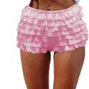 Women Y2K Lolita Bloomers Lace Mesh Ruffle Fairy Short Sexy Layered Pettipants Coquette Boy Shorts (Small, Pink)