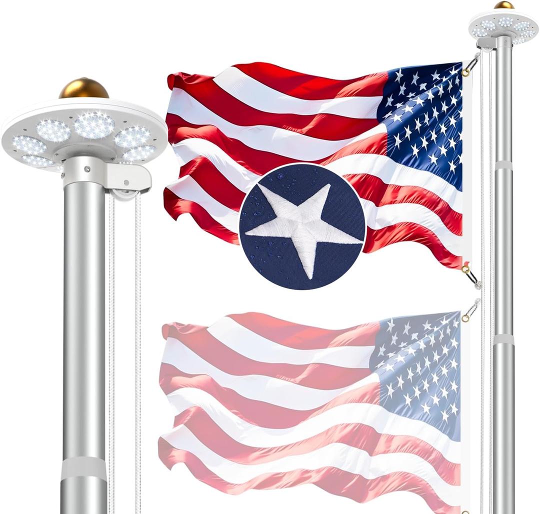 10 Gauge Heavy Duty Flag Pole Kit Light Solar, 120MPH 3mm Thick Flagpole Hardware Kit for 2 Flag for Outside House In Ground Use, 25FT Silver with One 3x5 Flag