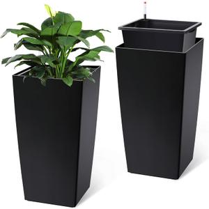 GarveeLife 30 in Tall Planters Set of 2, OutdoorIndoor Black Planter Pots, High Front Porch Planter Pots With Drainage HolesWater Level Monitor Movable Wheels Inner Bucket, Automatic Watering,Black