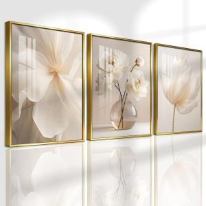 Pennimor 3Pc White Flower Crystal Porcelain Wall Art, Gold Frame, 12" x 18" | Aluminum Alloy Frame | White Flower Art | Ready To Hang | For Living Room Bedroom Bathroom / Home Office Decoration