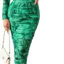 GRACE KARIN Women's Ruched Wrap Bodycon Dresses Mesh Print Fall Formal Midi Dress Long Sleeve Fitted Tight Party Club Dress (12, Pure Green Marble)