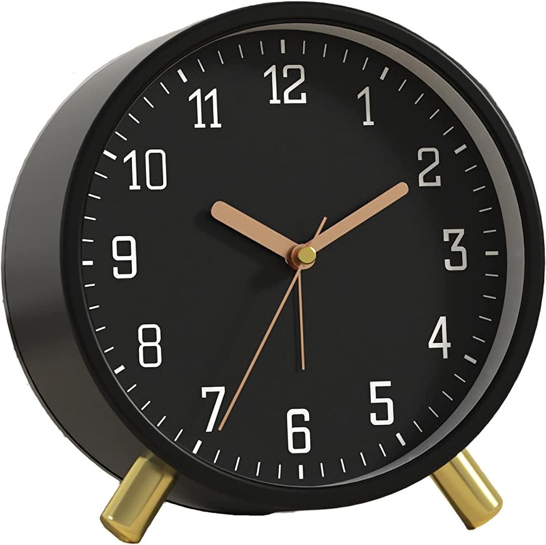 SHISEDECO Alarm Clock with Backlight, 4.5 inches Bedside Analog Non-Ticking Silent Small Deskclock with Arabic Numerals, Battery Operated Round Tableclock for Living Room, Bedroom (Black Color)