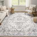 Area Rug 5x7 Washable Vintage - Soft Traditional Rugs for Living Room Large Non Slip Backing with Low Pile Farmhouse Oriental Retro Carpet for Bedroom Dining Room or Home Office - Grey (5' x 7')